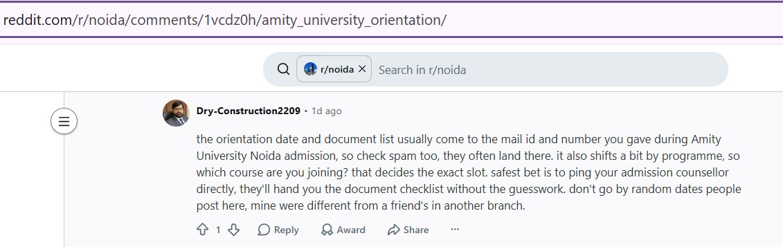 A Reddit review about student's discussion for Amity Noida class orientation dates for various courses