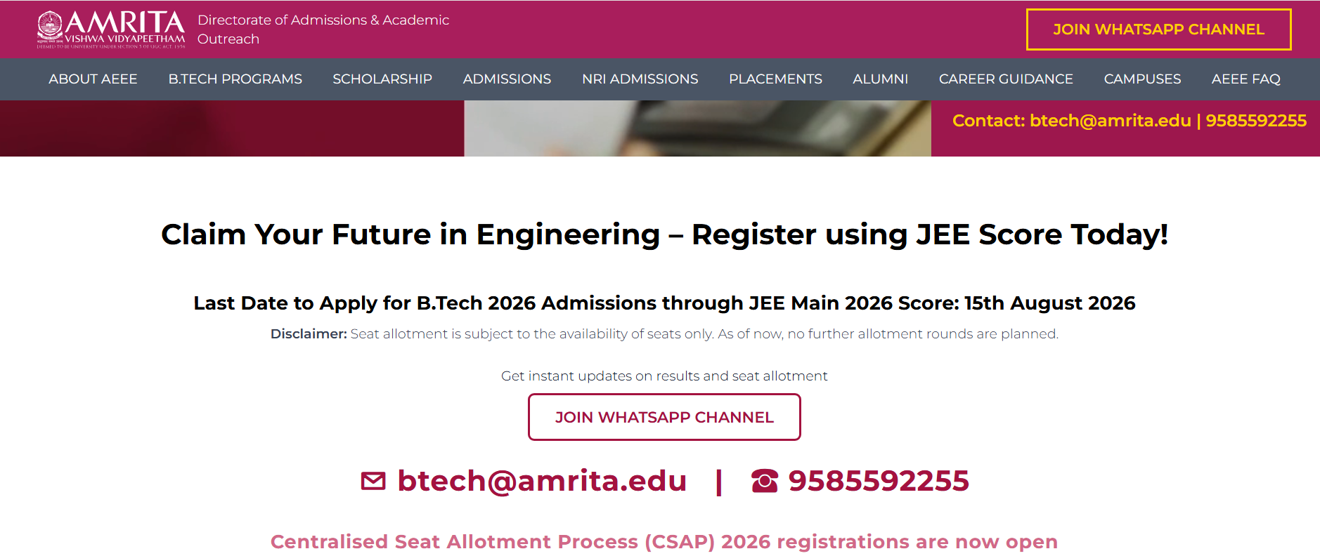 Amrita BTech 2026 Key Application Details