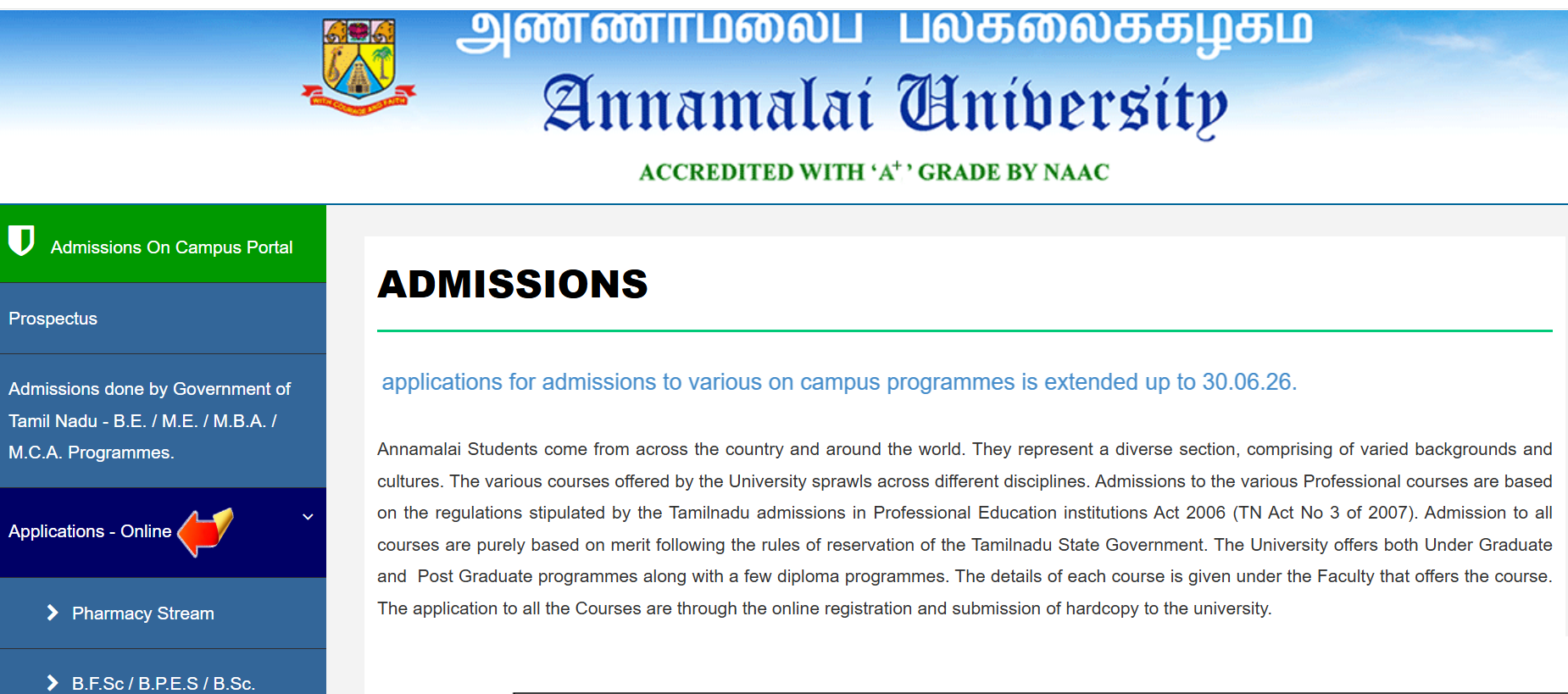 Annamalai University Admission Registration Extended to June 30 2026