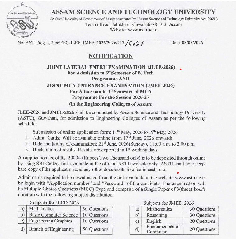 Assam JMEE & JLEE 2026 Registration Opens Till May 19