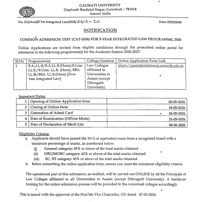 Assam CAT 2026 Law Admission Registrations Open 