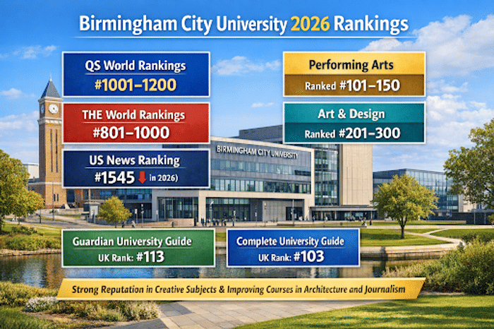 Infographic showing 2026 rankings for Birmingham City University. Global rankings include QS World Rankings (#1001&ndash;1200), THE World Rankings (#801&ndash;1000), and U.S. News Ranking (#1545 in 2026). Subject rankings highlight Performing Arts (#101&ndash;150) and Art & Design (#201&ndash;300). UK rankings include Guardian University Guide (#113) and Complete University Guide (#103). The image also notes the university&rsquo;s strong reputation in creative subjects and improving courses in architecture and journalism.