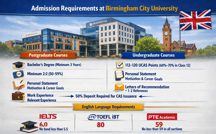 Infographic titled Admission Requirements at Birmingham City University showing postgraduate and undergraduate entry criteria and English language test scores. Postgraduate section lists degree, minimum 2:2 (50&ndash;59%), personal statement, recommendations, and work experience. Undergraduate section lists 112&ndash;120 UCAS points (60&ndash;70%), personal statement, and references. English section shows IELTS 6.0 (no band < 5.5), TOEFL iBT 80, and PTE 59 (no section < 59). Design uses blue, orange, and yellow headers with icons and a campus background