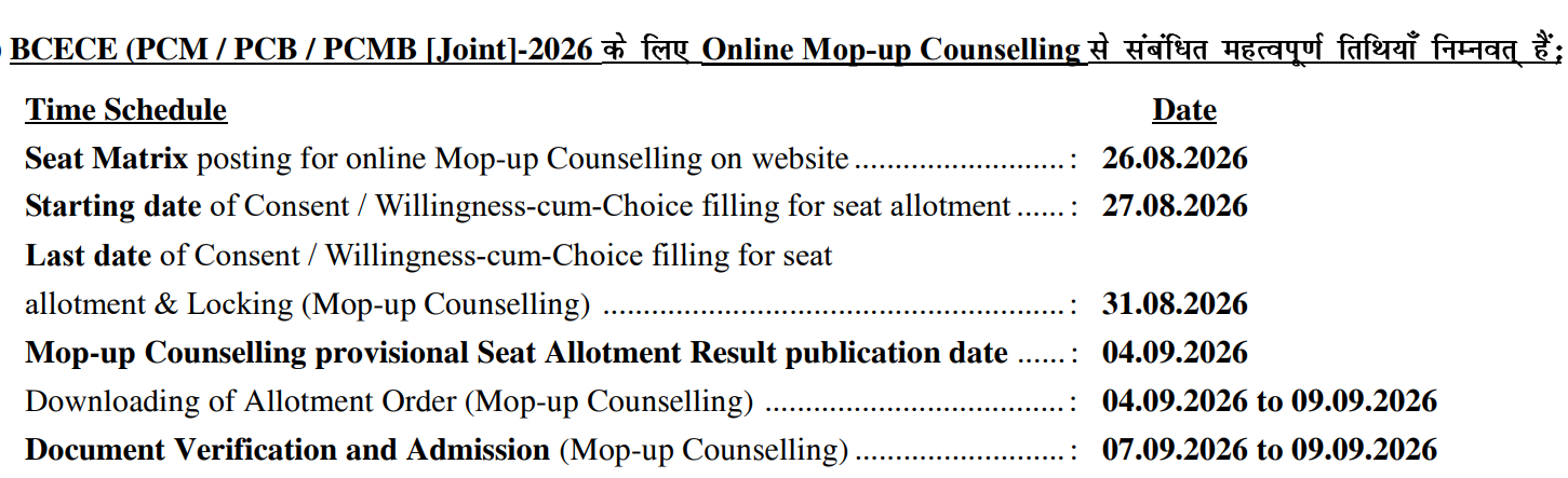BCECE 2026 Mop-Up Round Key Details