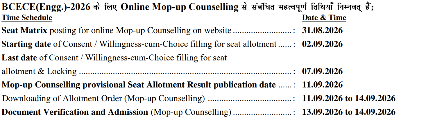 BCECE 2026 Mop-Up Round Important Dates