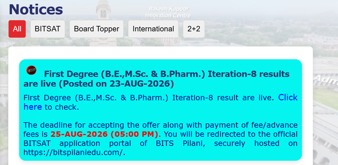 BITSAT 2026 Iteration 8 Important Dates