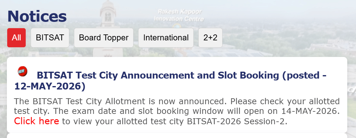 BITSAT 2026 Session 2 City Slip Intimation Out