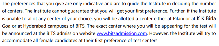 BITSAT Exam Center Allocation