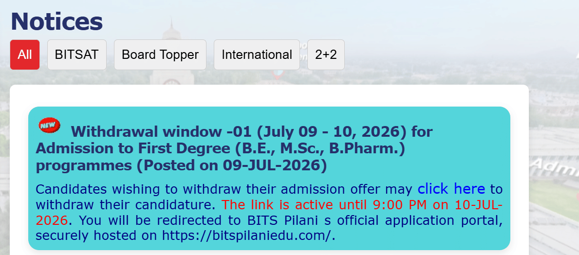 BITSAT 2026 Class 12 Marks Edit Window Live Last Date July 10
