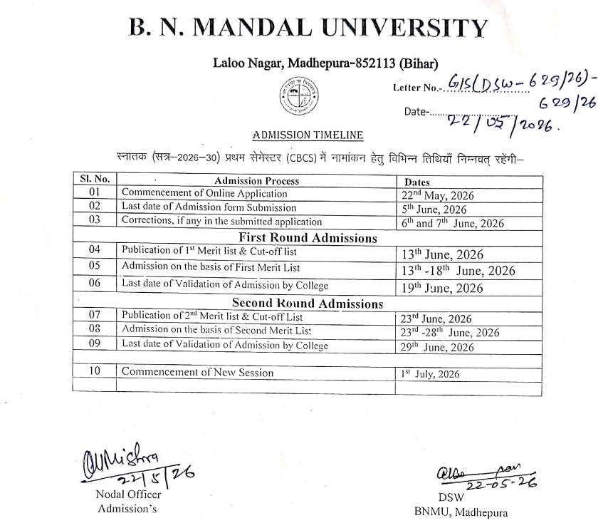 BNMU UG 1st Merit List 2026 Out Today Admission Open Till June 18