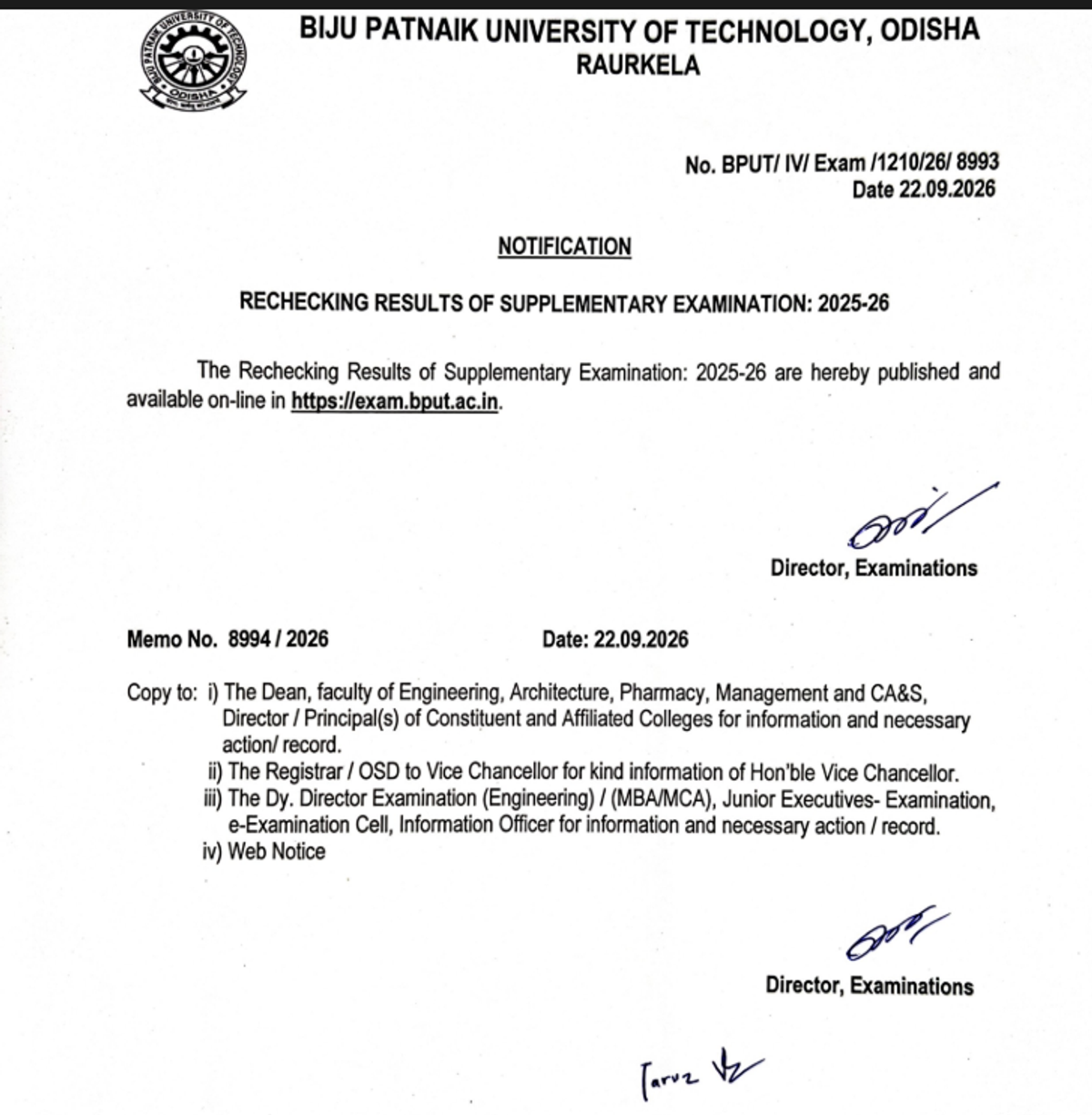 BPUT Rechecking / supplementary result notice 