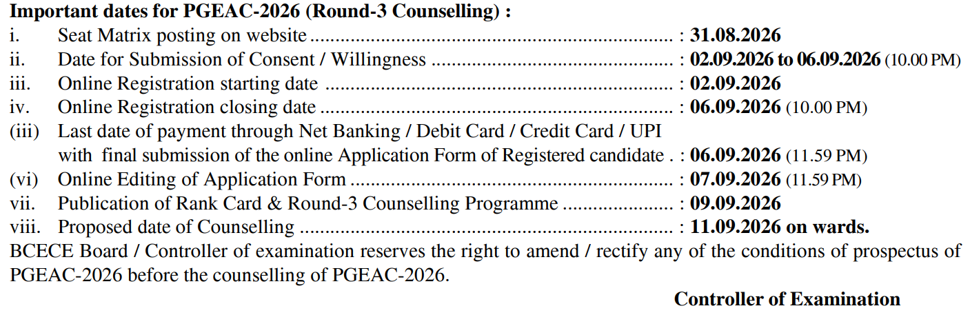 Bihar PGEAC 2026 Round 3 Counselling Important Dates