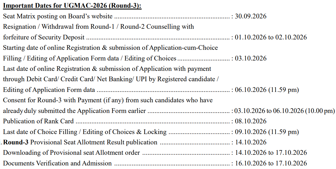 Bihar UGMAC 2026 Round 3 Important Dates
