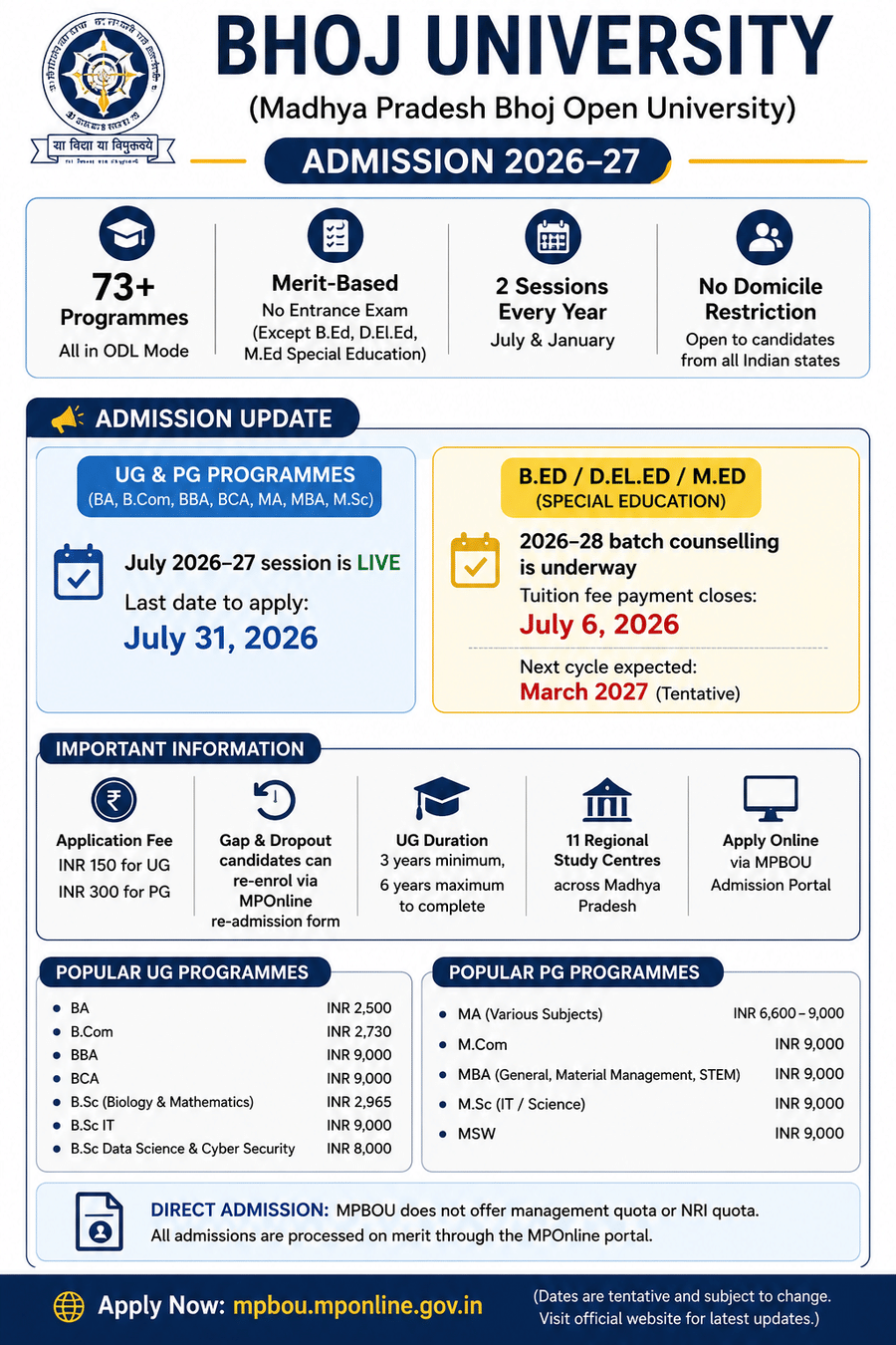 Bhoj University Admission Highlights 2026
