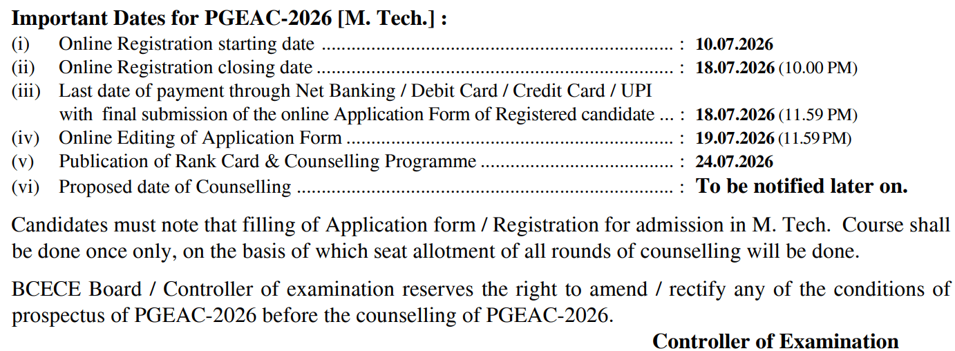 Bihar PGEAC 2026 MTech Counselling Registration Begins