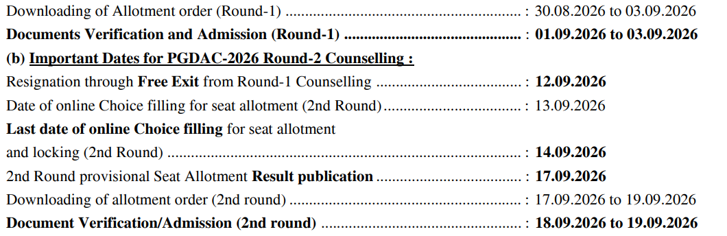 Bihar PGDAC 2026 Round 1 Important Dates