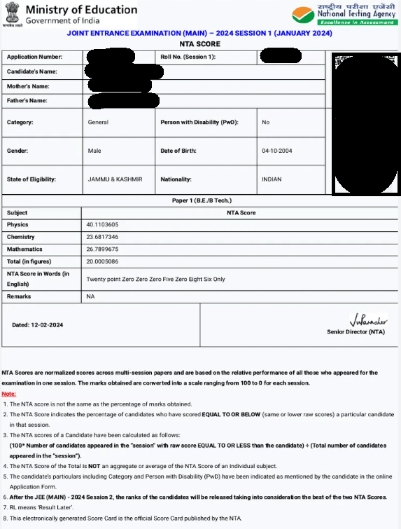 Sample scorecard of JEE Main for the January session