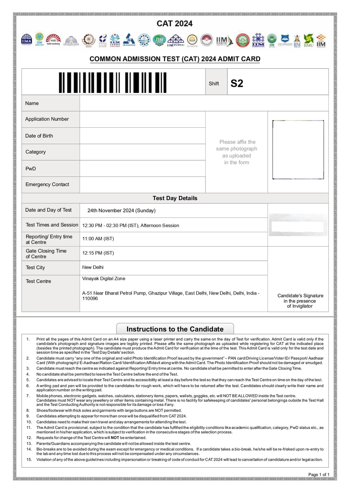 CAT Admit Card Sample