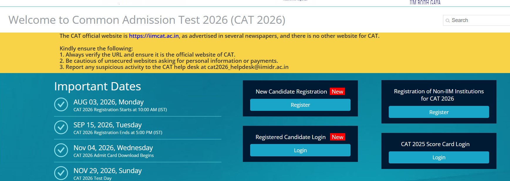 CAT 2026 dates on its official website  