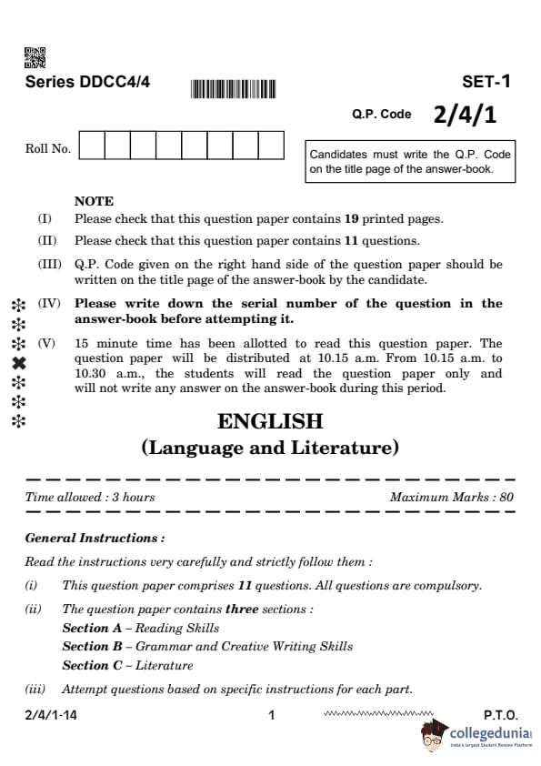 CBSE Class 10 English Question Paper 2024 (Set 1 - 2/4/1) Available ...