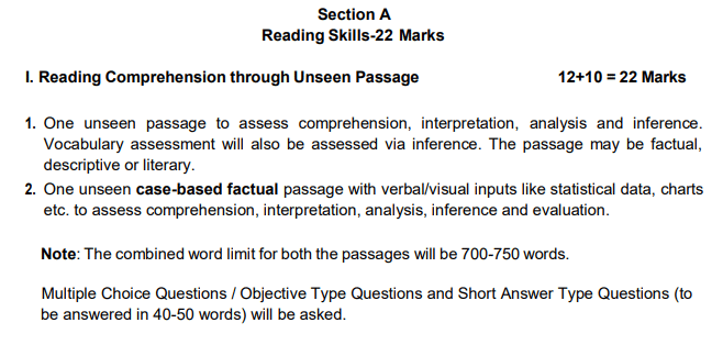 CBSE Class 12 English Syllabus 2026 Section A- Reading Skills