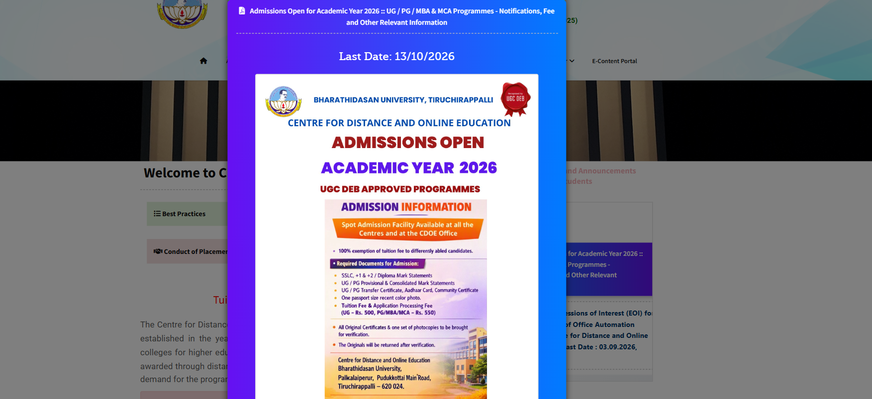 CDE BDU Admission 2026 Key Details