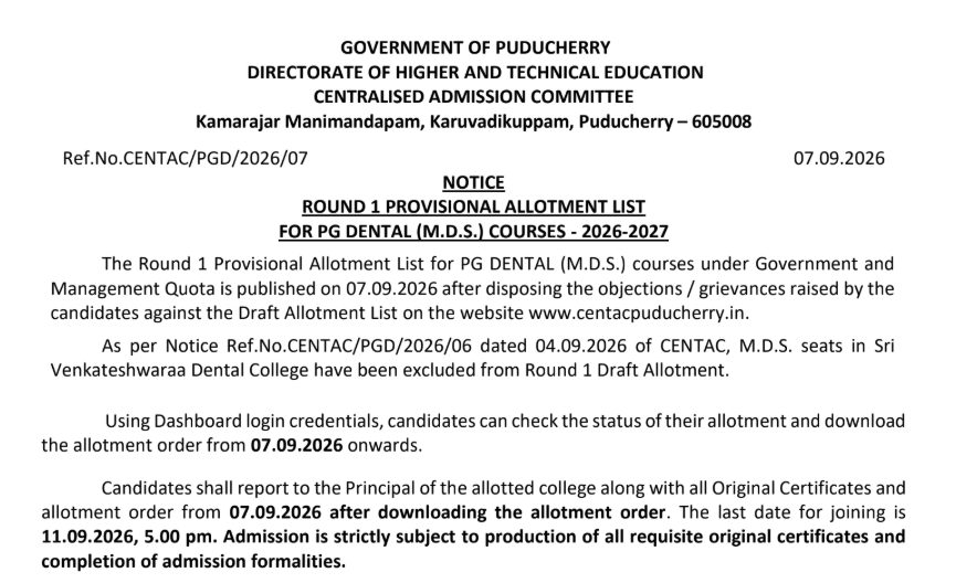 CENTAC NEET MDS 2026 Round 1 Key Dates