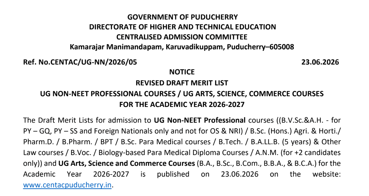 CENTAC UG Non NEET 2026 Revised Provisional Merit List Released