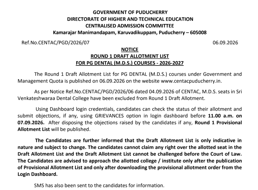 CENTAC MDS 2026 Important Dates