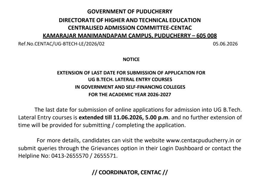 CENTAC BTech Lateral Entry 2026 Registration Deadline Extended to June 11