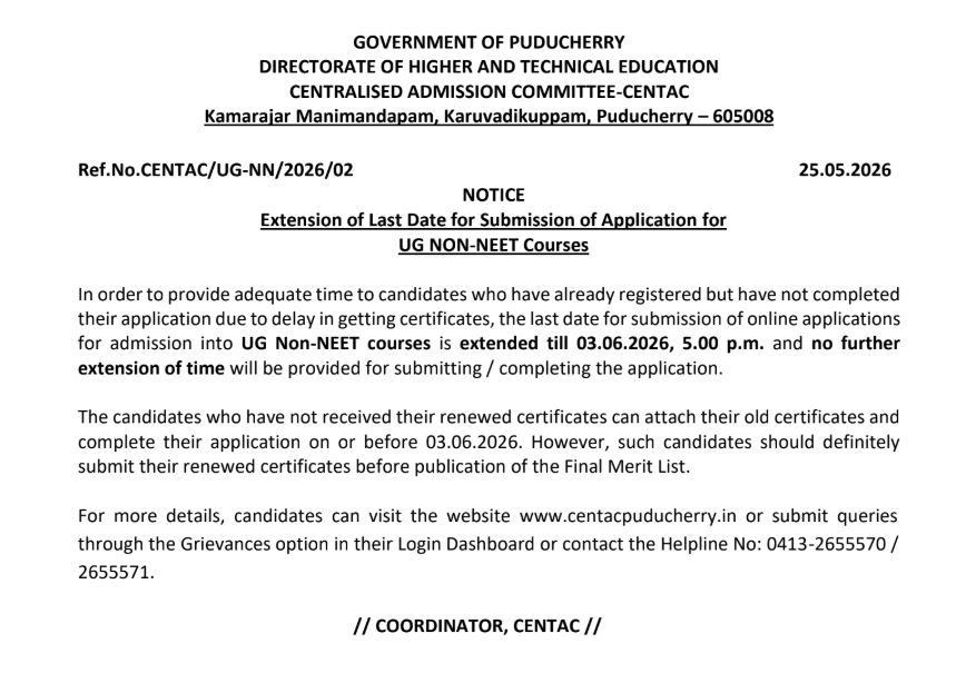 CENTAC Extends UG Non-NEET Registration Deadline 2026; Apply Till June 3 
