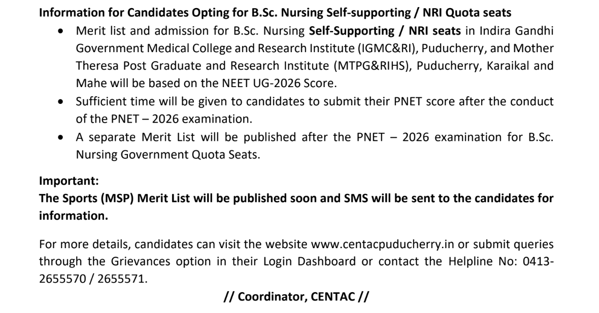 CENTAC UG Non NEET 2026 Revised Provisional Merit List Released