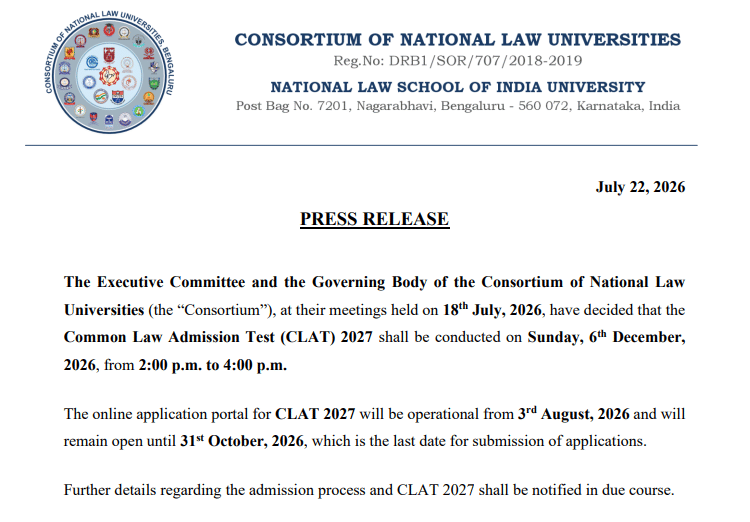 CLAT Exam Date 2027 Out