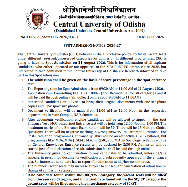 CU Odisha PG Spot Admission 2026-27 Key Details