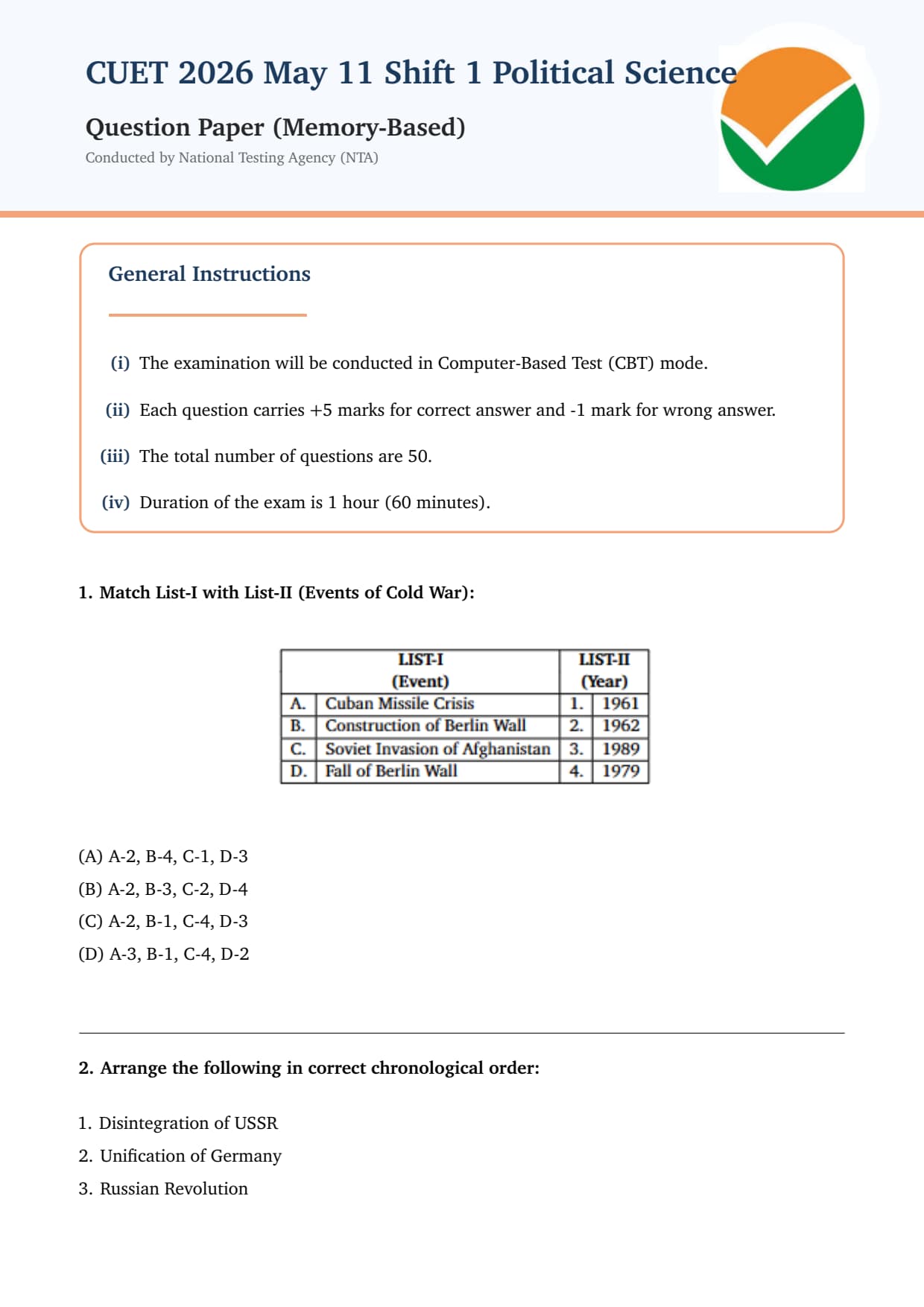 CUET 2026 May 11 Shift 1 Political Science Question Paper- Download ...