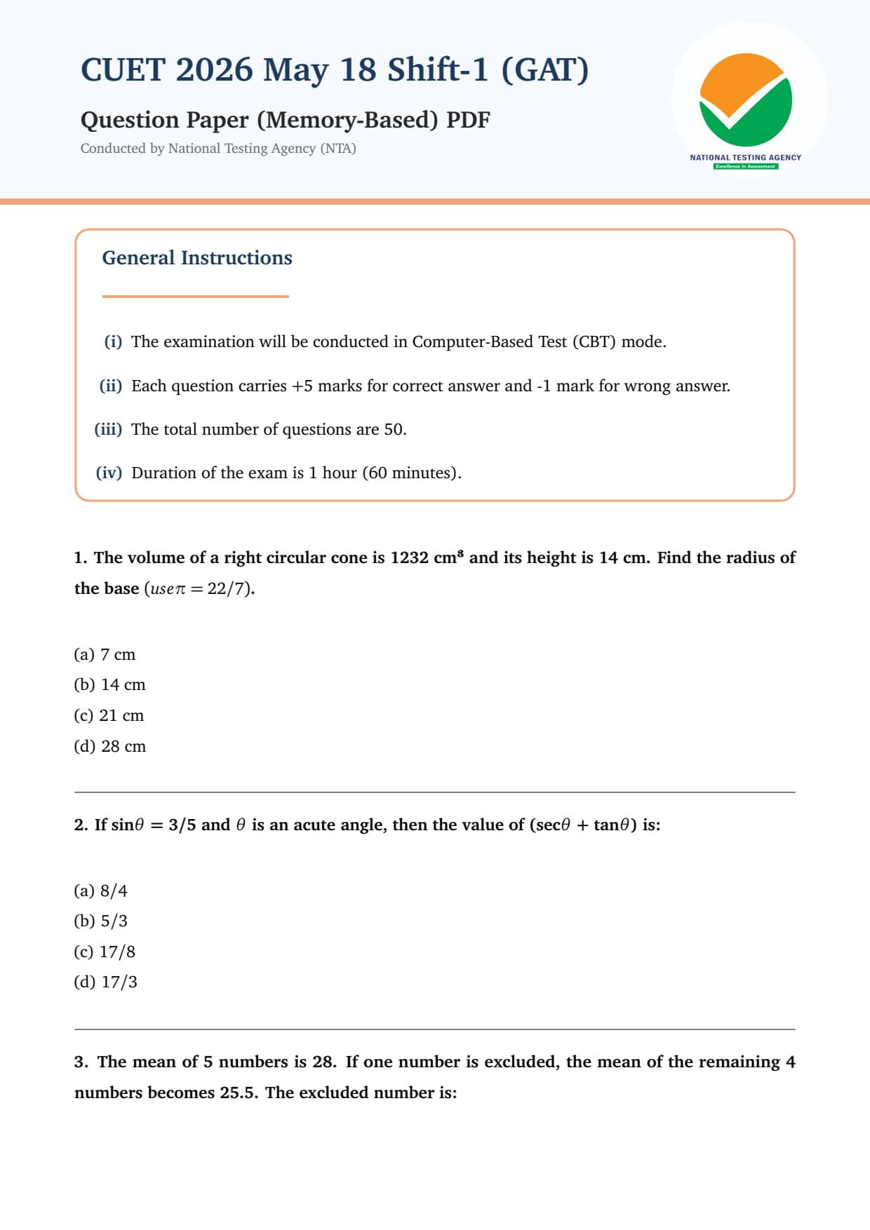 CUET 2026 General Aptitude Test May 18 Shift 1 Question Paper- Download ...