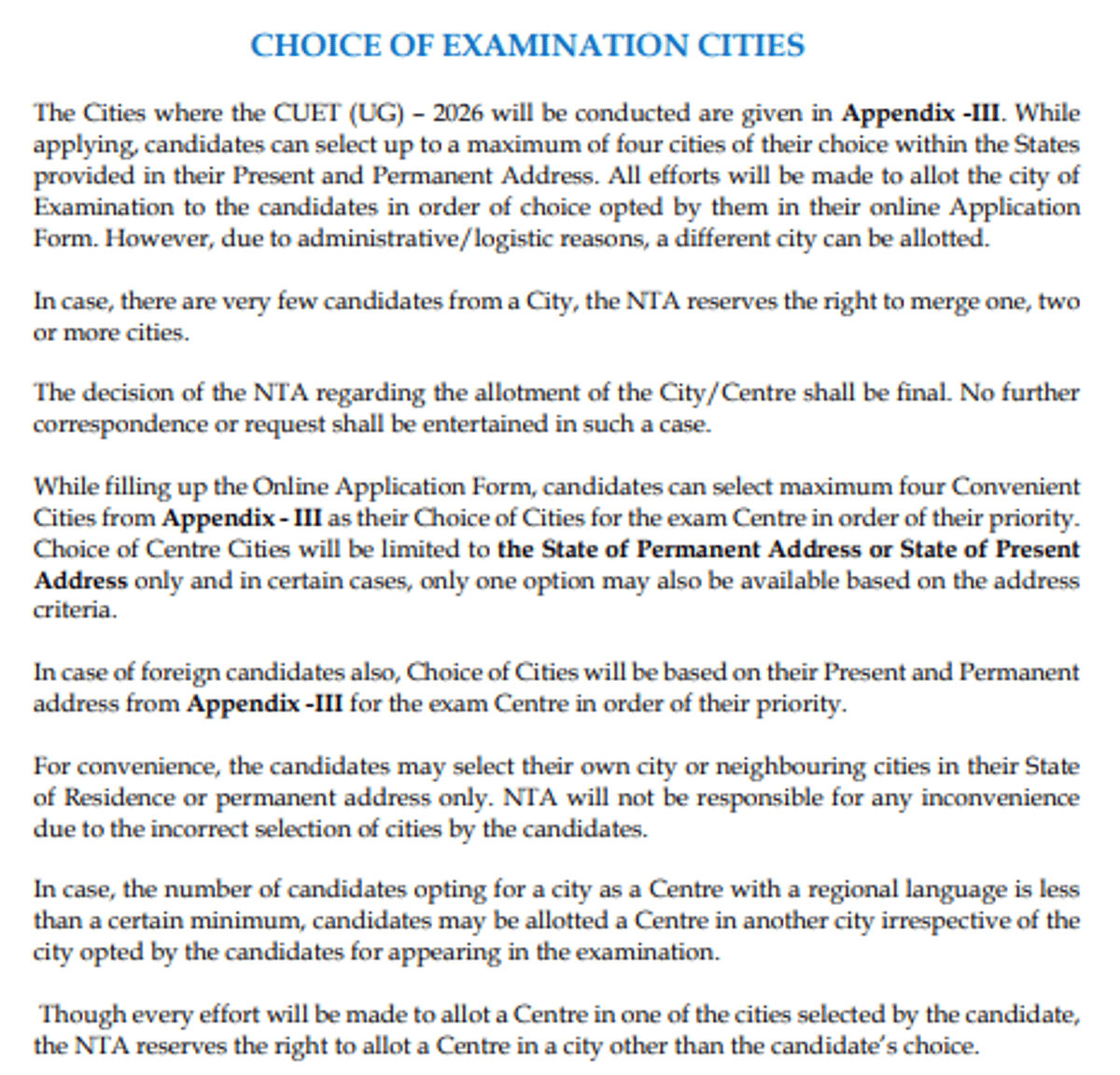 CUET Exam city