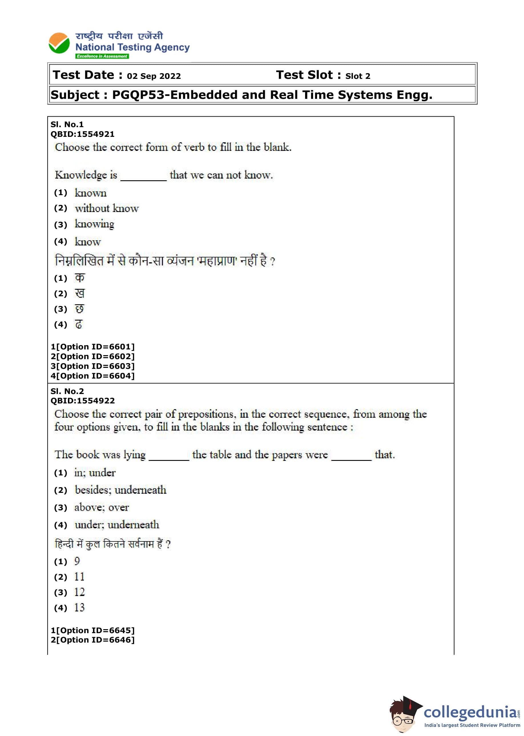 CUET PG Embedded and Real Time Systems Engg Question Paper 2022 ...