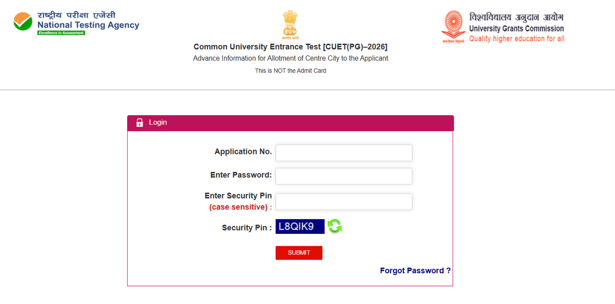 CUET PG City Intimation Slip 2026 Login Page 