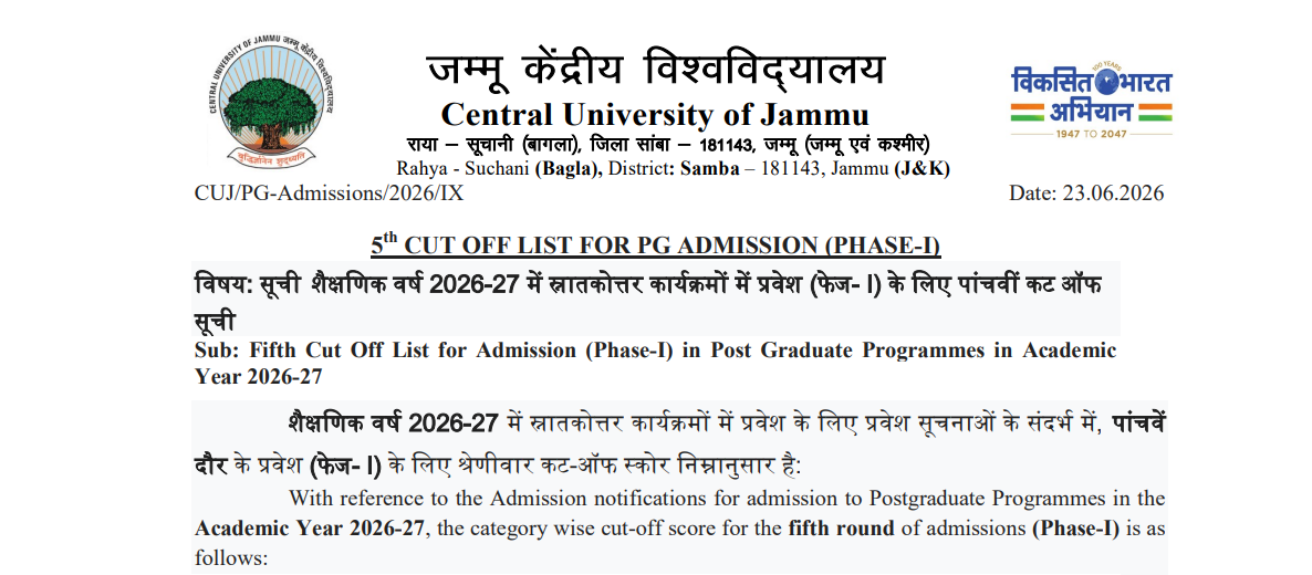 CU Jammu PG Admission 2026 Phase II First and Phase I Fifth Cut Off Lists Out