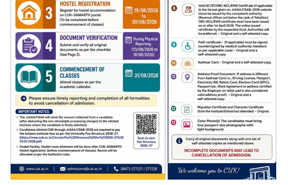 CU Karnataka BTech 2026 Reporting Important Dates