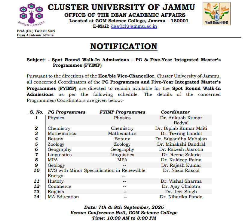 Cluster University of Jammu Spot Round Important Dates