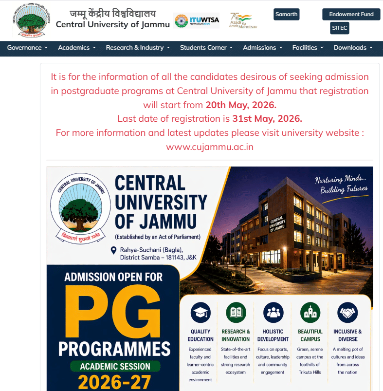 CU Jammu PG Admission 2026 Opens via CUET PG