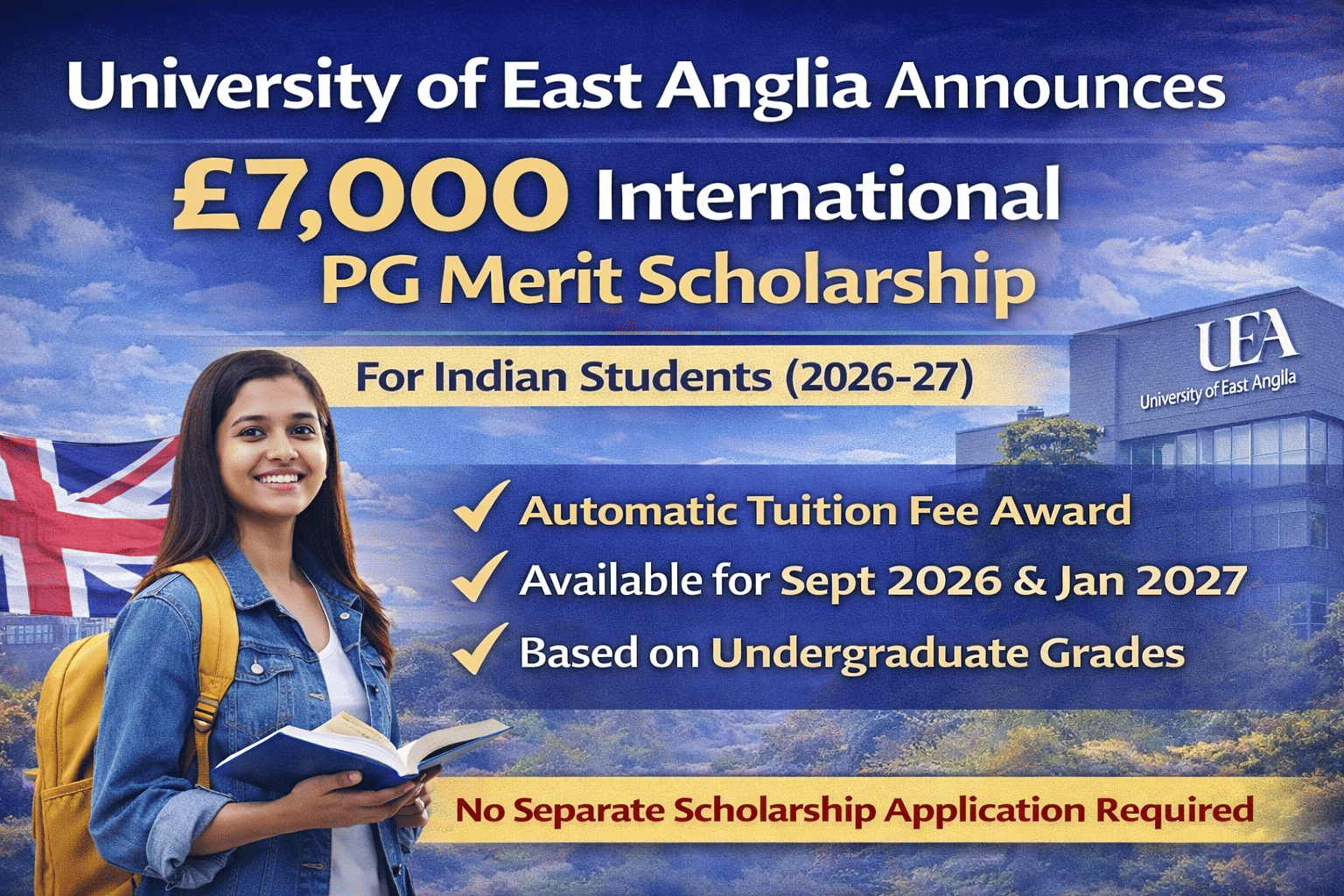 University of East Anglia Announces &pound;7,000 International PG Merit Scholarship for Indian Students