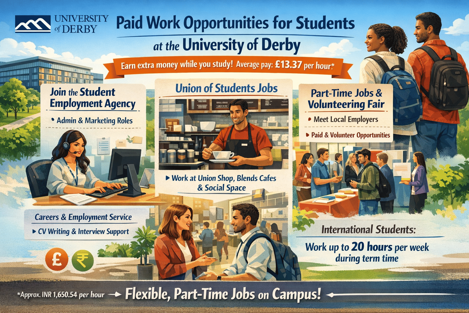 Paid work opportunities for students at the University of Derby Based on information from the official University of Derby website and its job listings, students who work on campus through the Student Employment Agency or other university roles are usually paid an hourly wage. Students who want to earn extra money during their studies can find paid work within the university. You can join the Student Employment Agency, which offers different job opportunities, such as administrative support or helping the marketing team represent the university. The Union of Students also hires student staff for its retail and hospitality outlets. Places like the Union shop, Blends cafes, and the Union Social Space offer flexible part-time jobs. The university also organises a Part-time Jobs and Volunteering Fair. At this event, students can meet local employers and learn about paid jobs and volunteering opportunities both on and off campus. If you need help preparing for jobs, the Careers and Employment Service provides support with CV writing and interview preparation. Note: International students in the UK are normally allowed to work up to 20 hours per week during term time. Many temporary or student-support roles pay around GBP 13.37 (INR) 1,650.54 per hour.