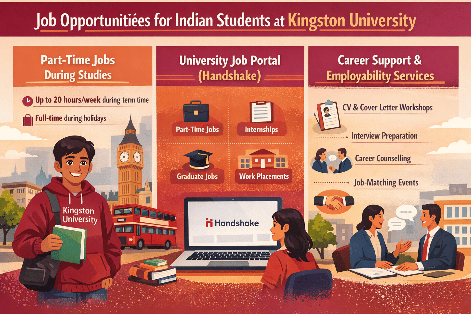 Job Opportunities for Indian Students at Kingston University  Part-Time Jobs During Studies: According to the university, international students studying at Kingston University on a UK Student visa can work up to 20 hours per week during term time and full-time during holidays.  These flexible roles are designed to fit around students&rsquo; class schedules. Students can get jobs like a Student Ambassador, Library Assistant, or IT Service Desk Assistant, and Curriculum Consultant and many more.  University Job Portal (Handshake): Kingston University advertises many student jobs through its internal careers portal called Handshake, where students can find Part-time campus jobs, Internships, graduate jobs and Work placements.  Career Support and Employability Services: Kingston University offers dedicated Careers and Employability Services that help students find jobs and prepare for their careers. Students can get CV and cover letter workshops, interview preparation, Career counselling and Job-matching events with employers. 