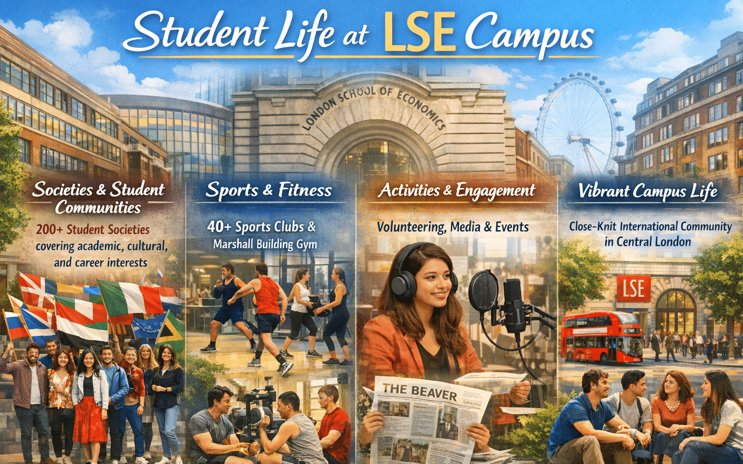 LSE Facilities for International Students To help international students adjust to life in the UK, the London School of Economics and Political Science provides several support services and facilities mentioned below:  Visa and Immigration Support: Guidance on visa applications, compliance, and immigration queries through dedicated support teams. Student Services Centre (SSC): Central hub for help with enrolment, course selection, exams, and general student queries. Wellbeing and Mental Health Support: Access to counselling, mental health services, and disability support. Academic Support (LSE LIFE): Assistance with essay writing, research skills, and exam preparation, along with academic mentoring. Financial Support: Availability of hardship funds and financial aid for students facing unexpected financial difficulties. Students&rsquo; Union Services: Free advice on housing, academics, and funding, along with cultural and student societies. Welcome and Orientation: Dedicated events and programs to help international students settle into life at LSE and in the UK. Sports and Fitness Facilities: LSE provides access to gym facilities, fitness classes, and sports clubs through LSESU, helping students stay active and maintain a healthy lifestyle.