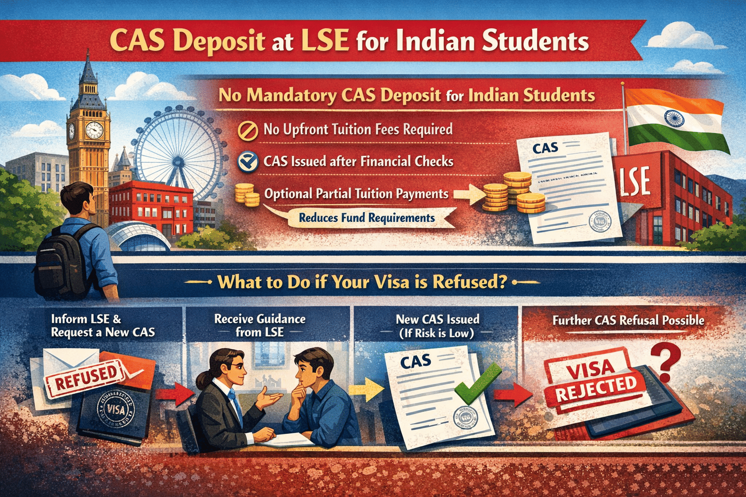 CAS Deposit at LSE for Indian Students  Unlike many UK universities, LSE does not require a mandatory CAS deposit. Indian students can obtain their CAS without paying any upfront tuition fees, provided they meet the financial requirements for a UK student visa. However, students may choose to make partial tuition fee payments, which are reflected on the CAS and can reduce the amount of funds required to be shown for visa purposes.  What to do if your visa is refused? According to LSE, if a student visa is refused, applicants must inform the institution and request a new CAS, as the same CAS cannot be reused. A new CAS is issued only after guidance, and LSE may refuse to issue one if there is a risk of further visa refusals.