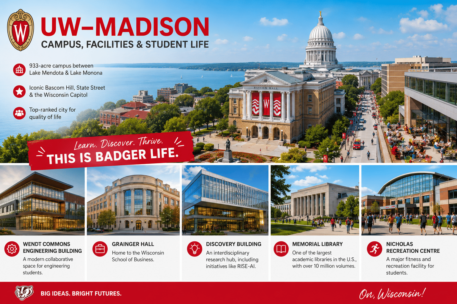 Landscape promotional poster for the University of Wisconsin&ndash;Madison showcasing campus facilities and student life. The design features a panoramic university campus view with Lake Mendota, Bascom Hall, and the Wisconsin State Capitol under a bright blue sky. Bold red-and-white university branding highlights &ldquo;UW&ndash;Madison Campus, Facilities & Student Life.&rdquo; Key facilities including Wendt Commons Engineering Building, Grainger Hall, Discovery Building, Memorial Library, and Nicholas Recreation Centre are displayed in a clean collage layout with modern architecture and students walking around campus. The poster uses vibrant colors, energetic student-life visuals, and an engaging collegiate atmosphere with the slogan &ldquo;This is Badger Life.&rdquo;