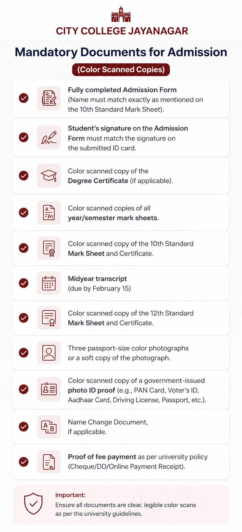 City College Jayanagar Documents Required at time of Admission